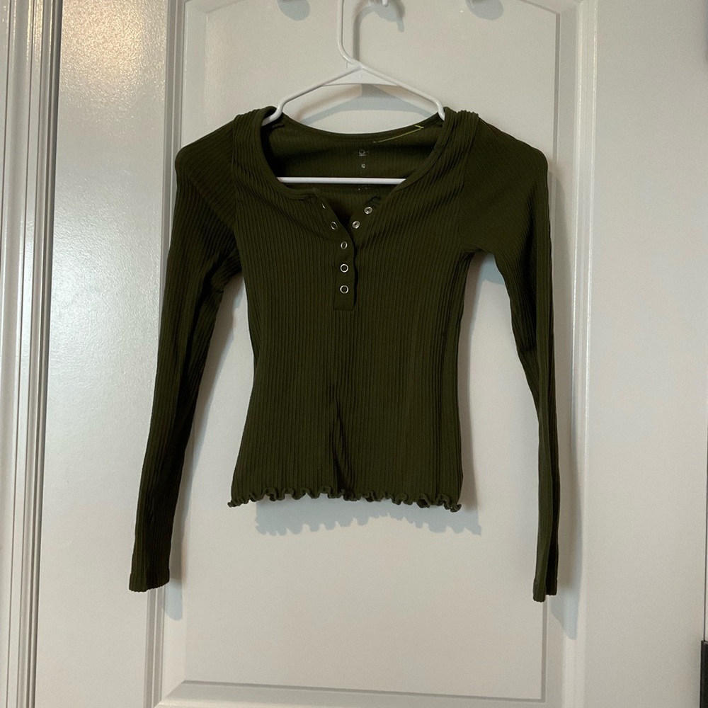 Source Unknown Forest Green Ribbed Button-Up Blouse